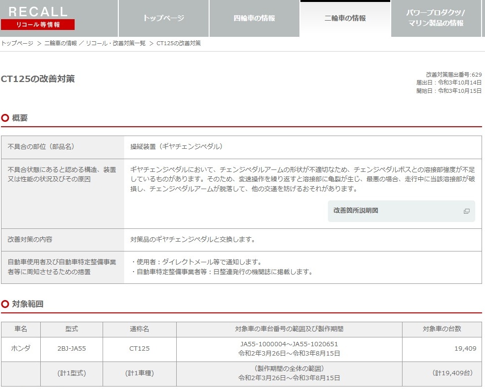 ホンダのリコール情報