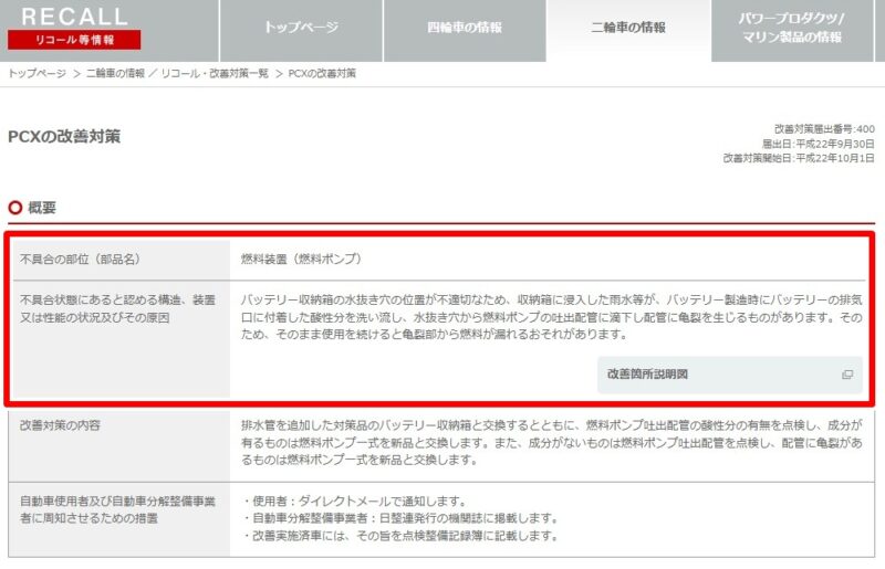 PCX/燃料ポンプに関するリコール情報